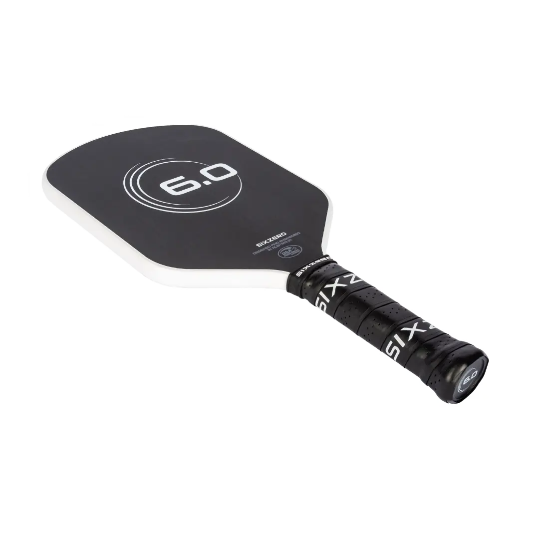 A black and white Six Zero Infinity Edgeless Double Black Diamond Control (16mm) pickleball paddle with the number 6.0 and the brand name "Pickleballist" displayed on its surface, isolated on a white background.