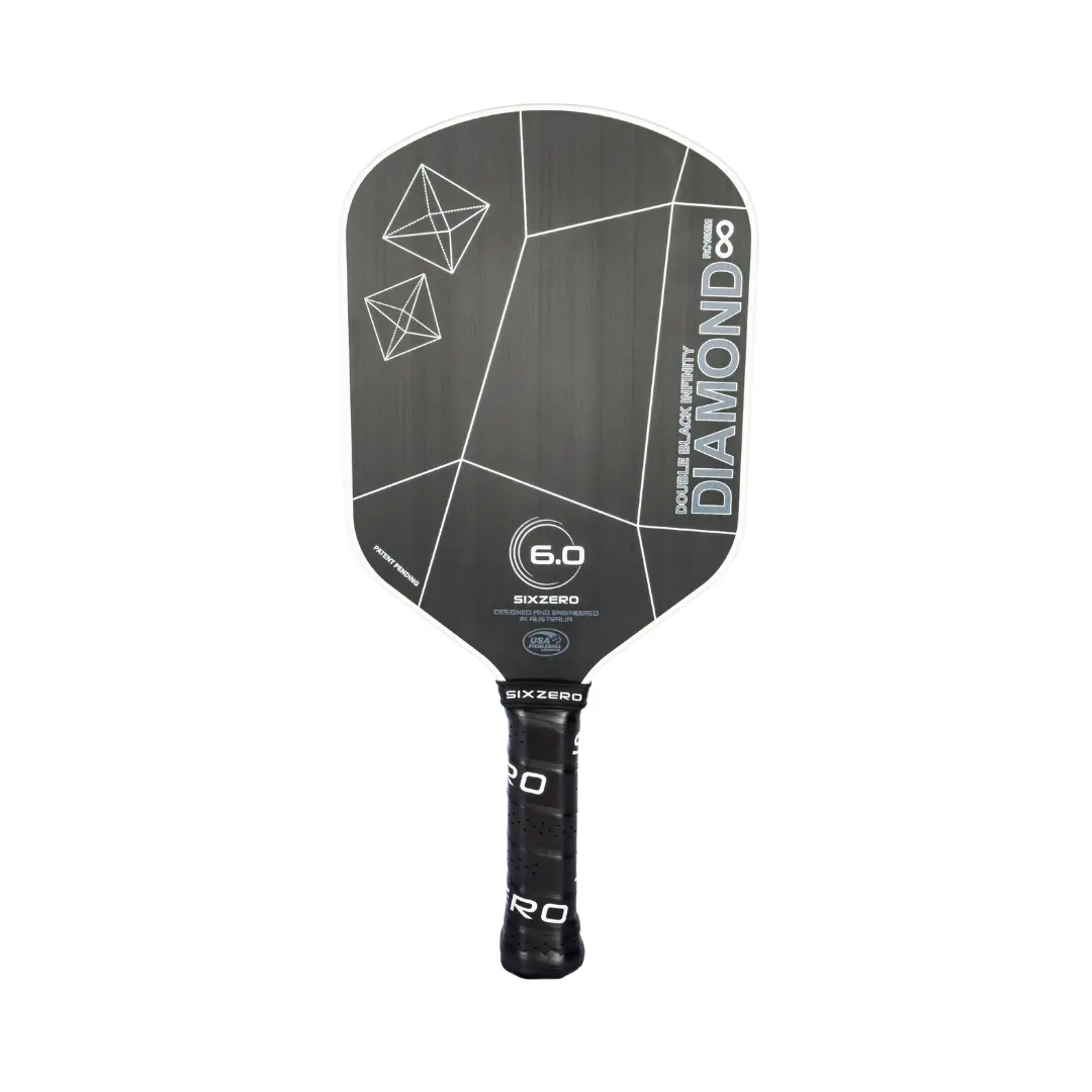 A Pickleballist Six Zero Infinity Edgeless Double Black Diamond Control (16mm) pickleball paddle with a black and gray design, featuring geometric patterns and the brand logo.