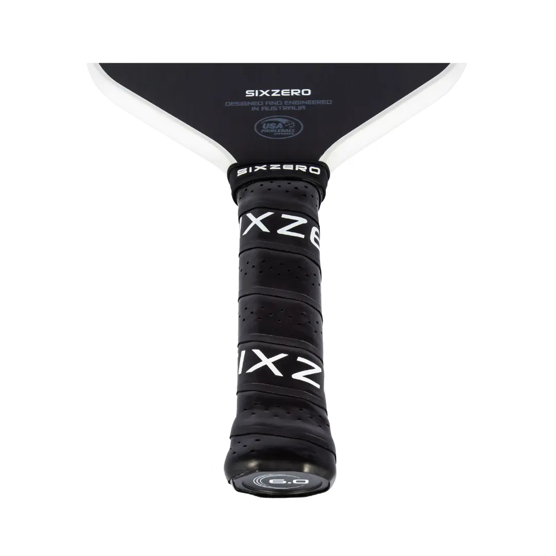 A pickleball paddle with a black handle marked "Six Zero" and a white y-shaped frame labeled "Infinity Edgeless Double Black Diamond Control (16mm)." The handle features a grip pattern.