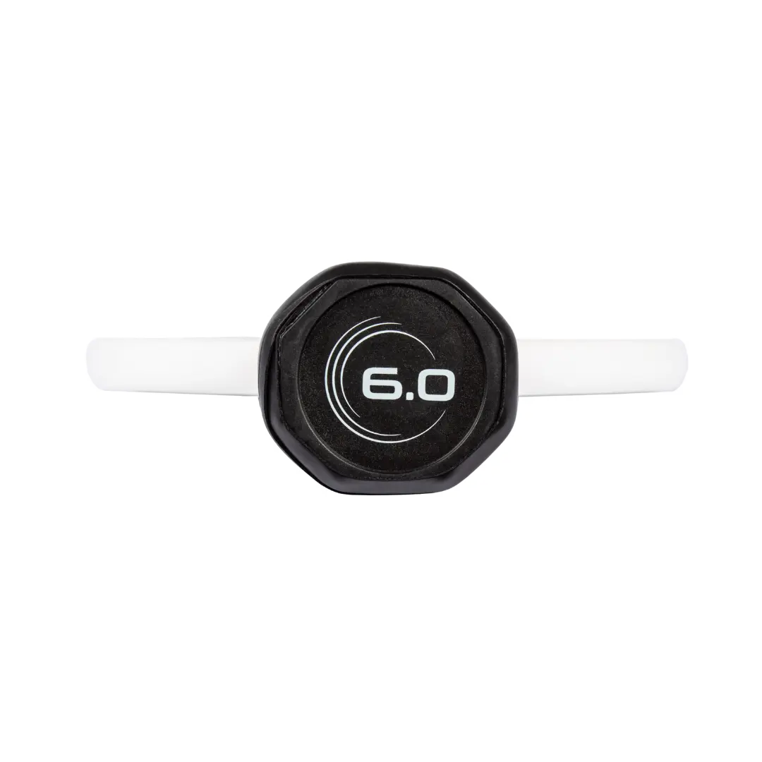 White Pickleballist headphones with a black circular center embossed with "6.0" on a solid black background.