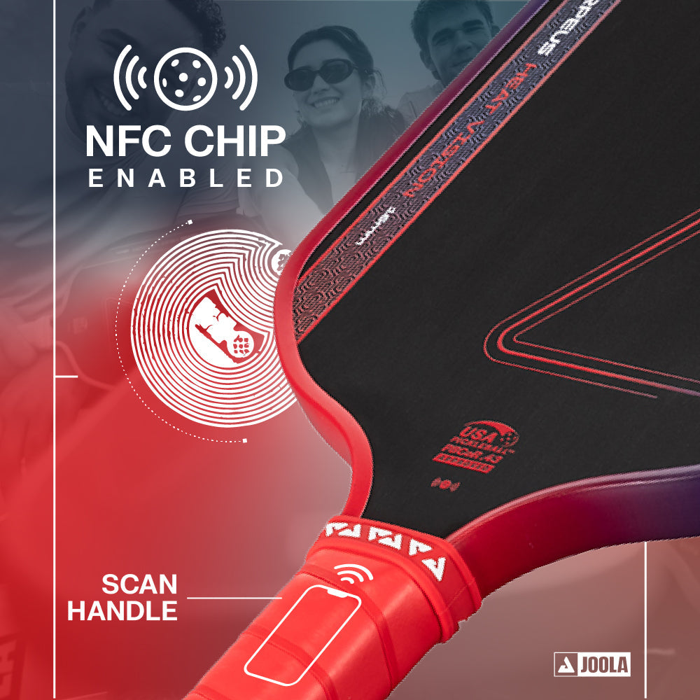 Close-up of the JOOLA Heat Vision Scorpeus 16mm Pickleball Paddle handle with NFC chip, scan handle graphic, and JOOLA branding.