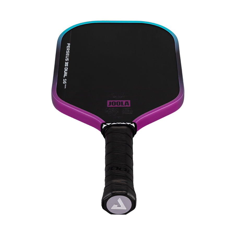 A JOOLA Perseus 3S Dual 16mm Pickleball Paddle, black and purple with a carbon fiber surface, stands upright handle-forward against a white background.