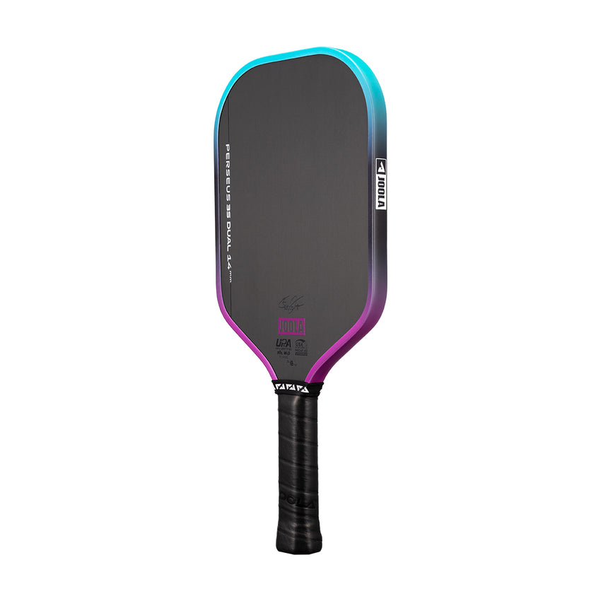 The JOOLA Perseus 3S Dual 14mm Pickleball Paddle features a black face, gradient teal and purple edges, and a black grip with a Charged Carbon surface, displayed against a white background.