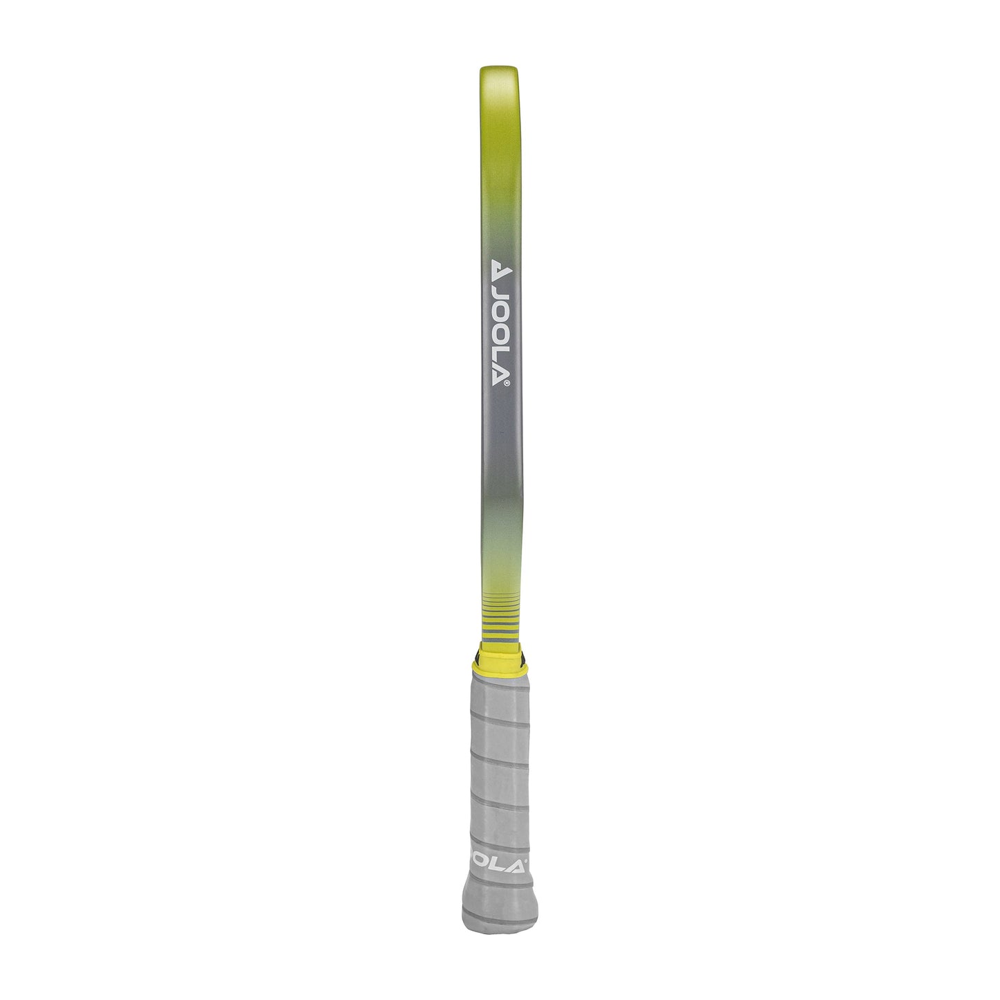 A JOOLA Anna Bright Scorpeus GEN3 14mm Pickleball Paddle in green and gray, featuring a textured grip, displayed from the side against a simple white background.