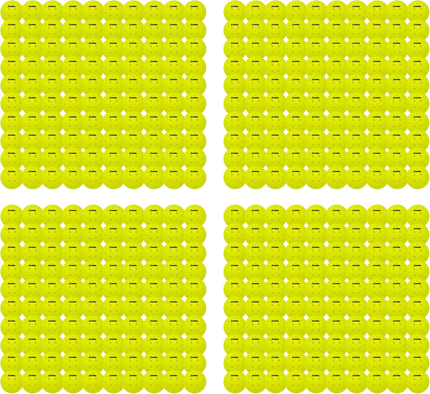Four grids of vibrant yellow balls are arranged in perfect squares on a white background, showcasing precision similar to the machine-drilled holes of Franklin X-40 Outdoor Pickleball Balls by Franklin.