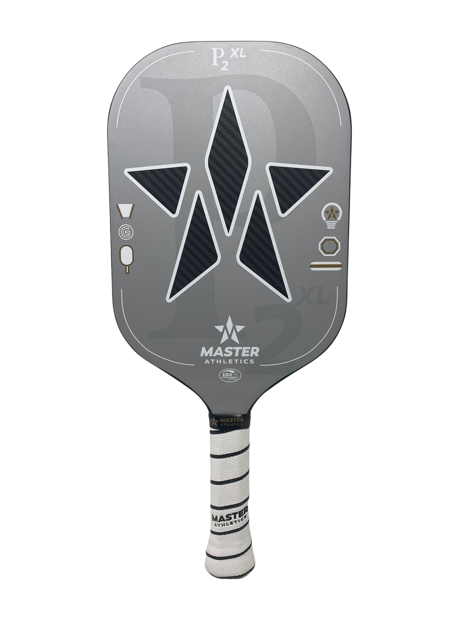Silver elongated pickleball paddle with black star designs labeled "P2 XL" and "Master Athletics" on the surface, featuring a honeycomb polypropylene core by Pickleballist.