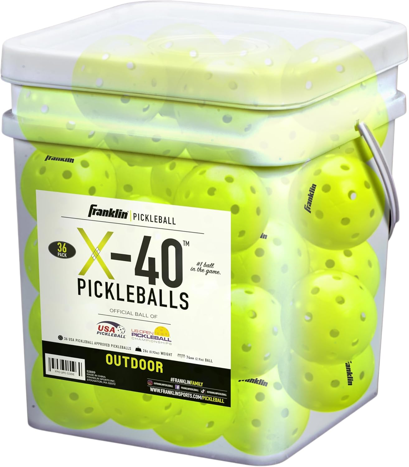 A clear plastic container holds 36 USAPA-approved Franklin X-40 outdoor pickleballs in fluorescent yellow, featuring machine-drilled holes for optimal court performance.