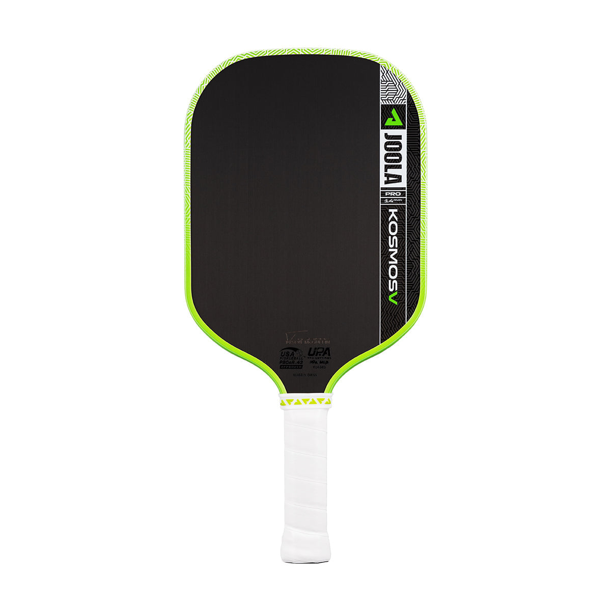 A JOOLA Kosmos Pro V 14mm Tyson McGuffin Surge Green Pickleball Paddle with a neon green edge and white grip is shown on a plain white background.