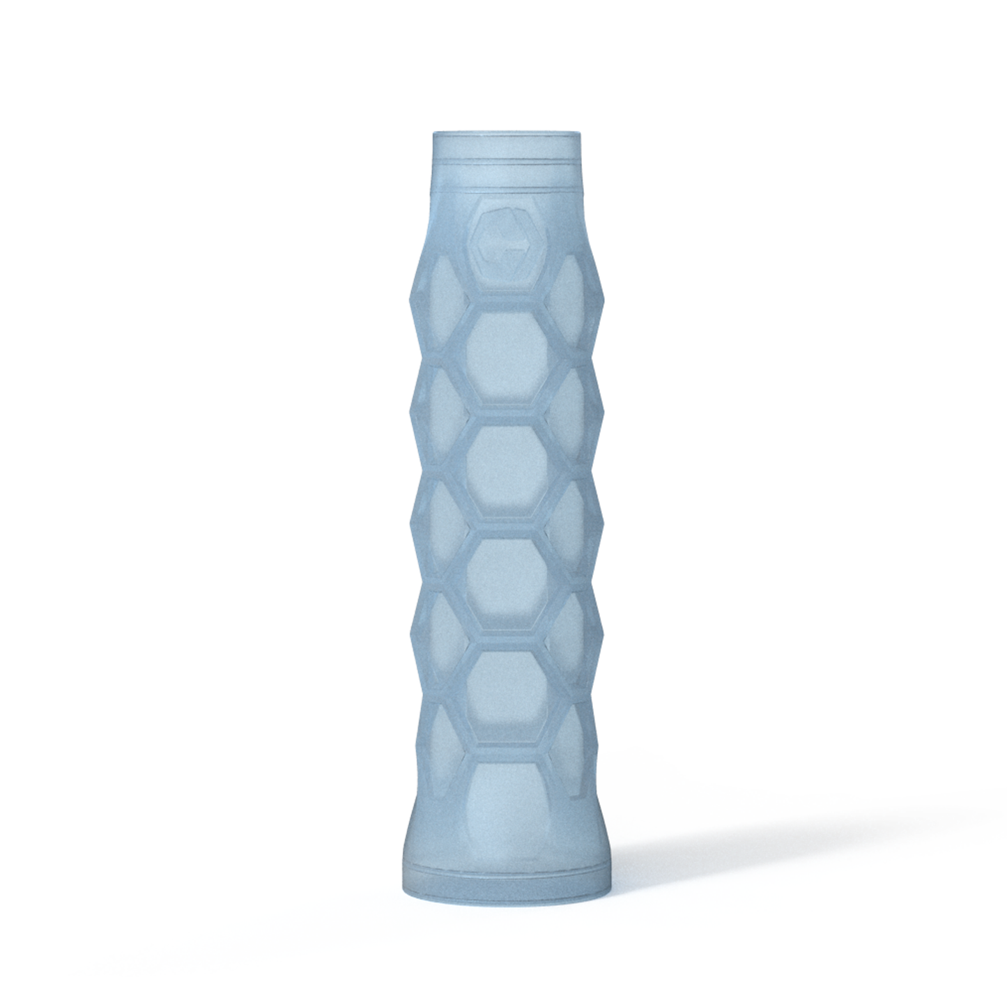 Hesacore Gel (Light Blue) Pickleball Grip, a cylindrical object with a hexagonal pattern surface, stands vertically on a white background.