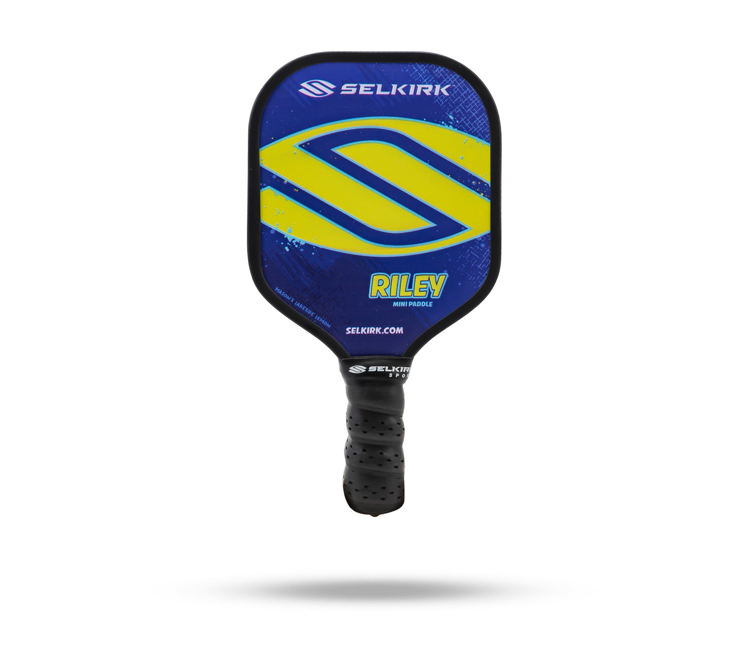 Image of a Selkirk Riley Mini Pickleball Paddle with a blue and yellow design—Barnes’ children’s favorite colors—and a black handle. The paddle, part of the Riley Paddle Collection, has the name "Riley" printed near the bottom, making it an ideal novelty gift.