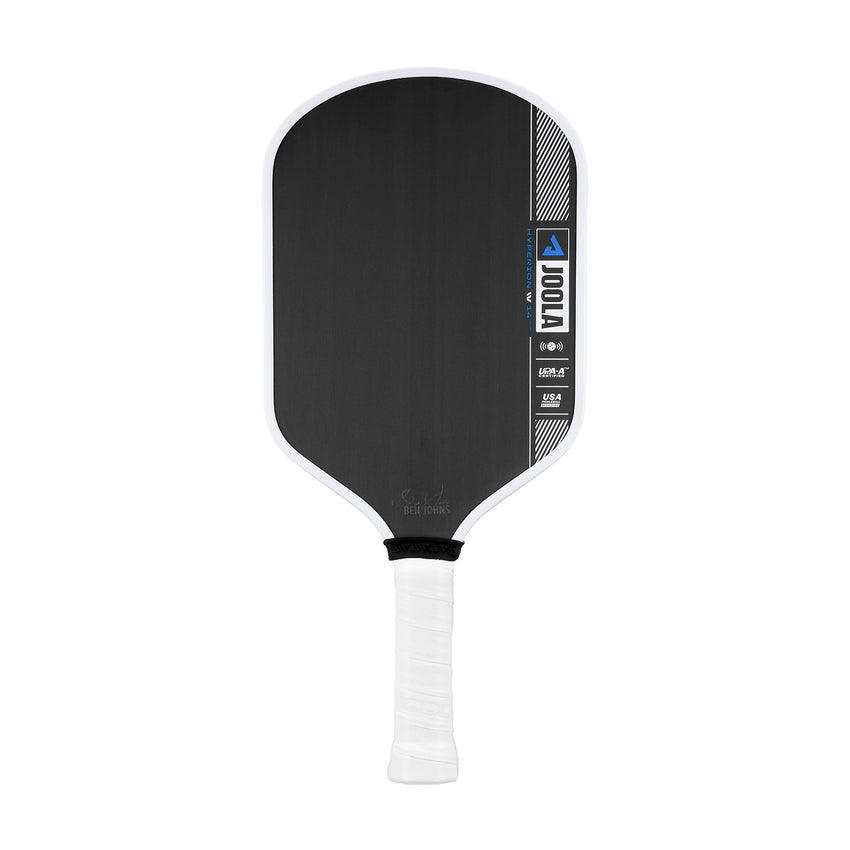 JOOLA Ben Johns Hyperion Pro 4 IV 16mm pickleball paddle featuring a black and white design with blue accents and a white grip handle, displayed against a white background.