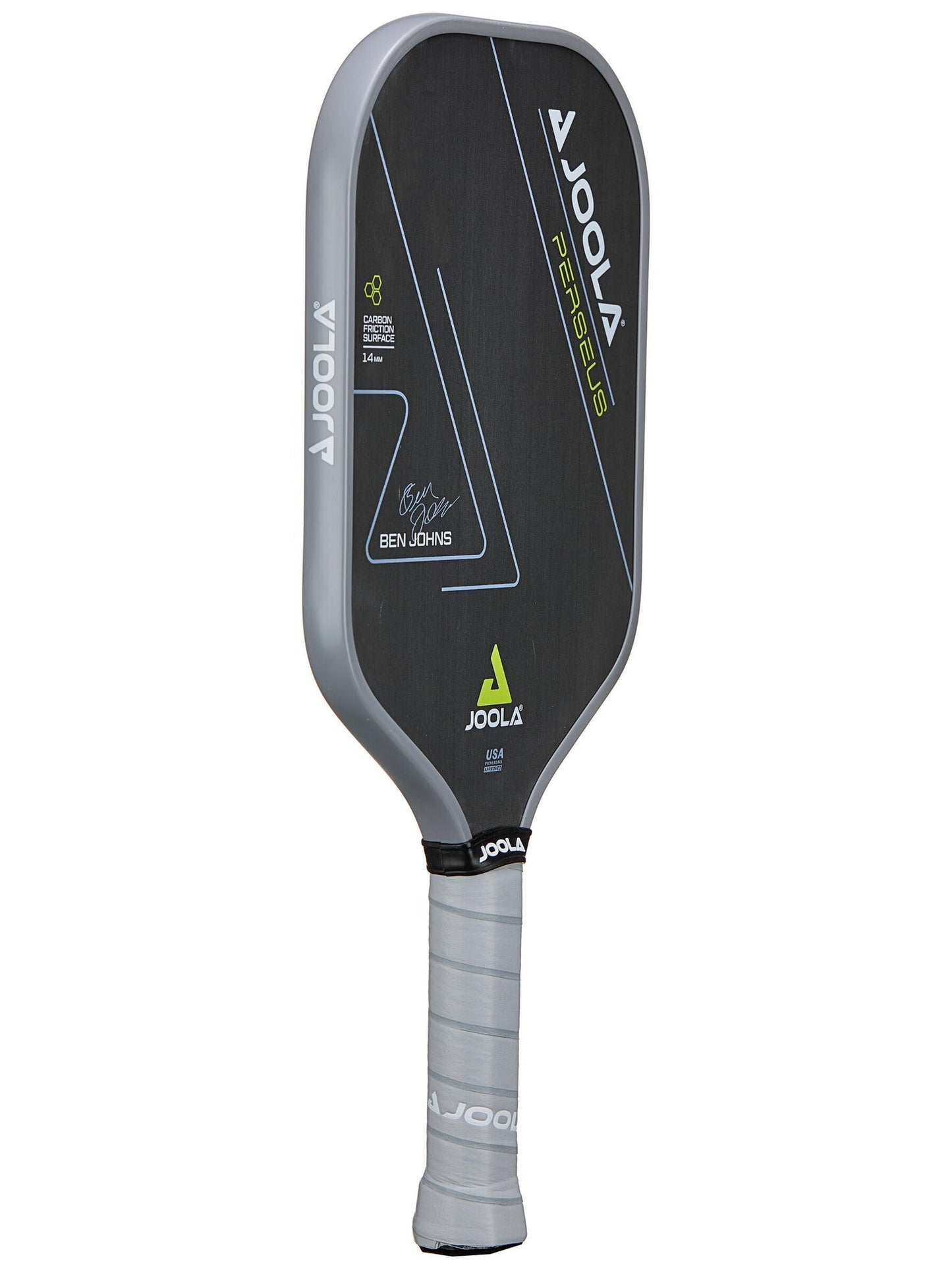 A JOOLA Ben Johns Perseus CFS 14mm Pickleball Paddle with a black face, gray edges, and handle. It features a signature and text indicating Ben Johns' endorsement.