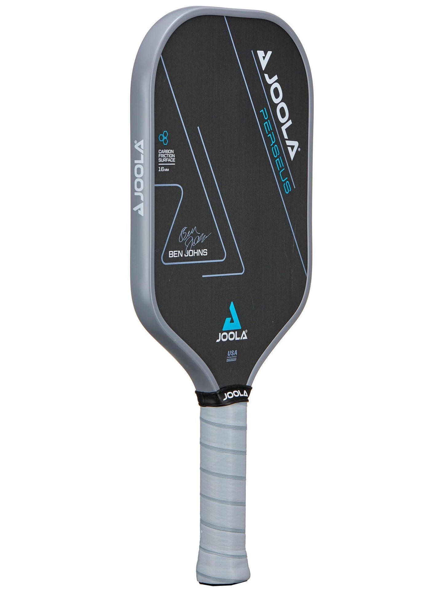 A JOOLA Ben Johns Perseus CFS 16mm Pickleball Paddle with a black face, blue accents, and a grey handle, featuring the brand's logo and a signature.