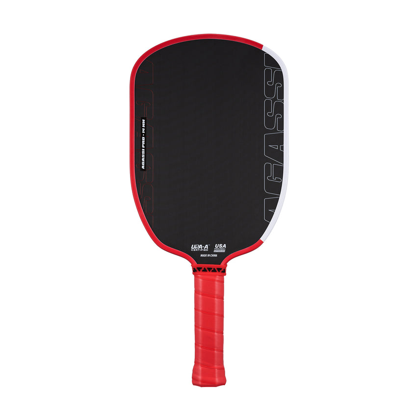 The JOOLA Andre Agassi Pro 14mm Pickleball Paddle features a red and black design with "Agassi" on the surface, a red handle, and a rounded shape.