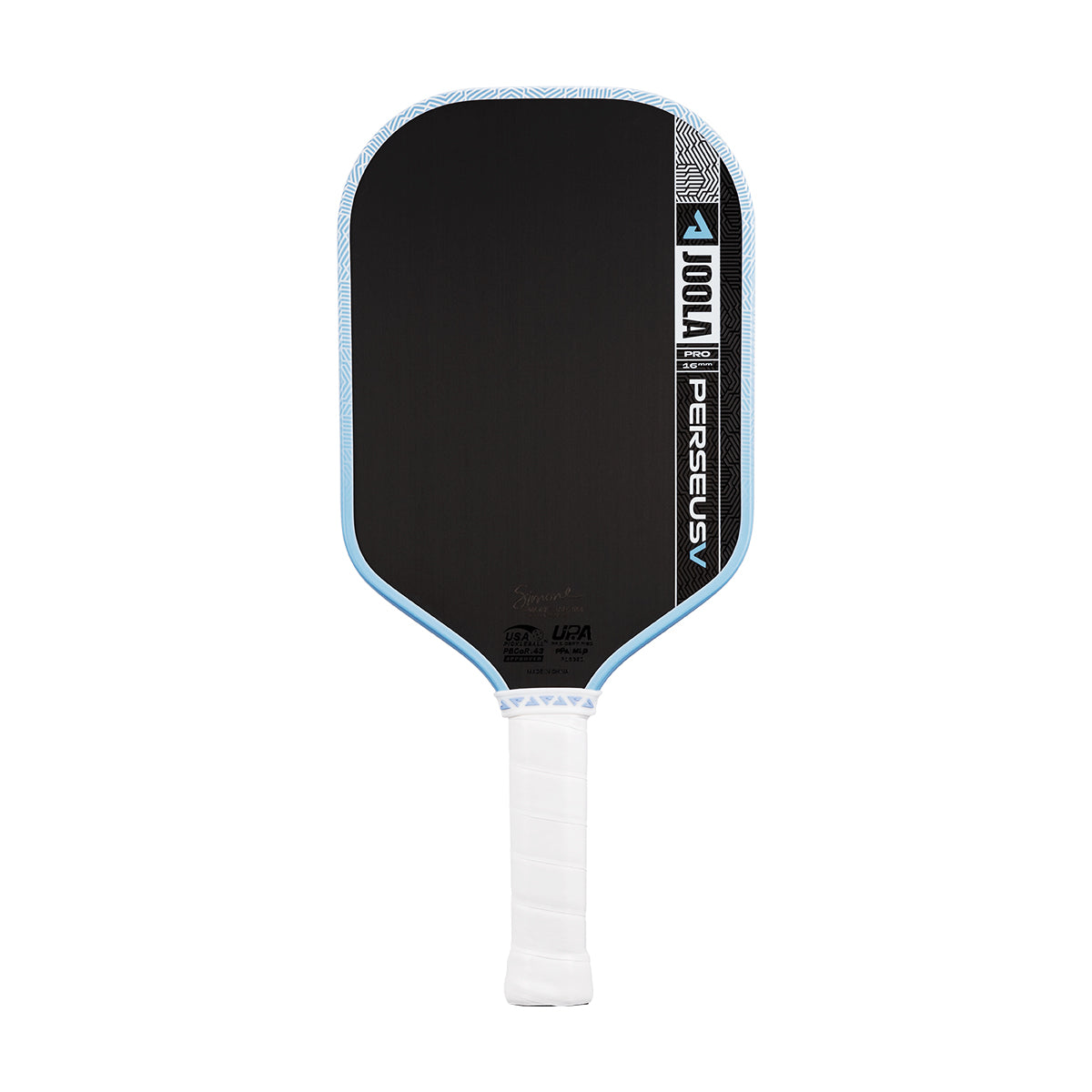 A JOOLA Perseus Pro V 16mm Simone Jardim Breeze Blue Pickleball Paddle in black and blue with a white grip, displayed on a plain white background.