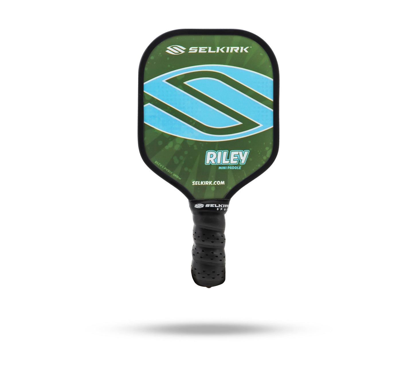 Image of a Selkirk Riley Mini Pickleball Paddle with a green face, black grip, and blue Selkirk logo. The paddle's model name "Riley" is printed on the face, part of the Riley Paddle Collection. Ideal as a novelty gift, it features Barnes’ children’s favorite colors for a vibrant touch.