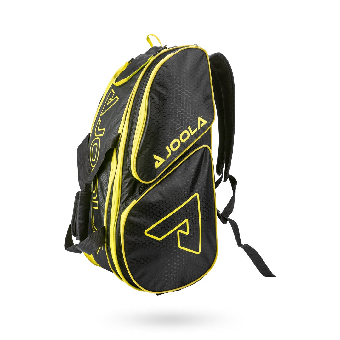 Black and yellow Pickleballist JOOLA Tour Elite Bag pickleball bag isolated on a white background.