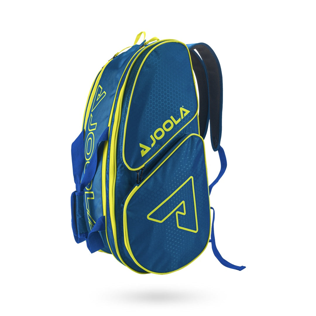 Blue and yellow Pickleballist branded JOOLA Tour Elite Bag pickleball bag isolated on a white background.