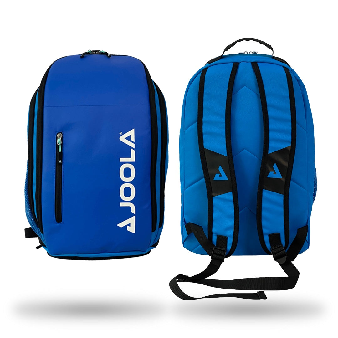 Two views of a vibrant blue Pickleballist JOOLA Vision II Backpack Pickleball Bag made from 600d Polyester with black accents and the brand name "ajoola" visible, showing the front and angled side perspectives.
