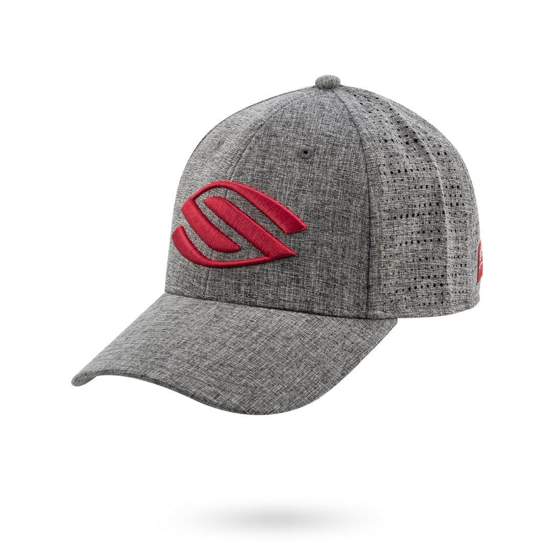 Gray Selkirk Epic Lightweight Performance Hat Pickleball Hat with a red stylized logo on the front, featuring a curved visor and a textured body, isolated on a white background.