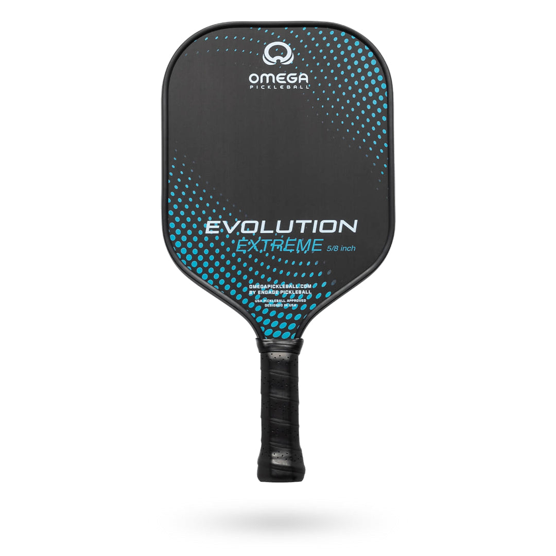 A black pickleball paddle with blue dotted design, branded as "Engage Omega Evolution Extreme 5/8 inch (16mm) Pickleball Paddle". The handle is wrapped with a black grip.