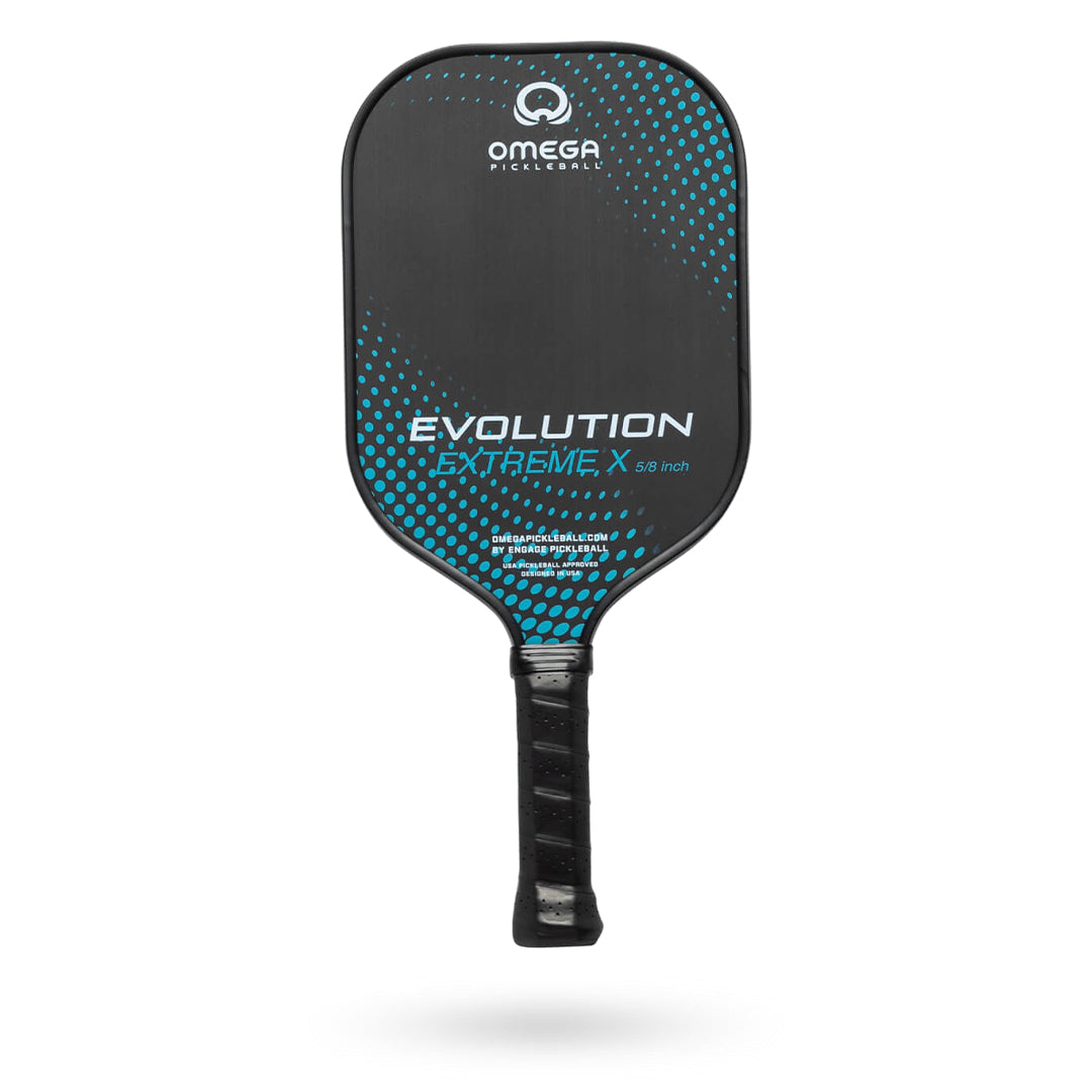 A black pickleball paddle with the words "Engage" and "Engage Omega Evolution Extreme X 5/8 inch (16mm) Pickleball Paddle" written on the face, featuring a blue dotted design and a black grip.