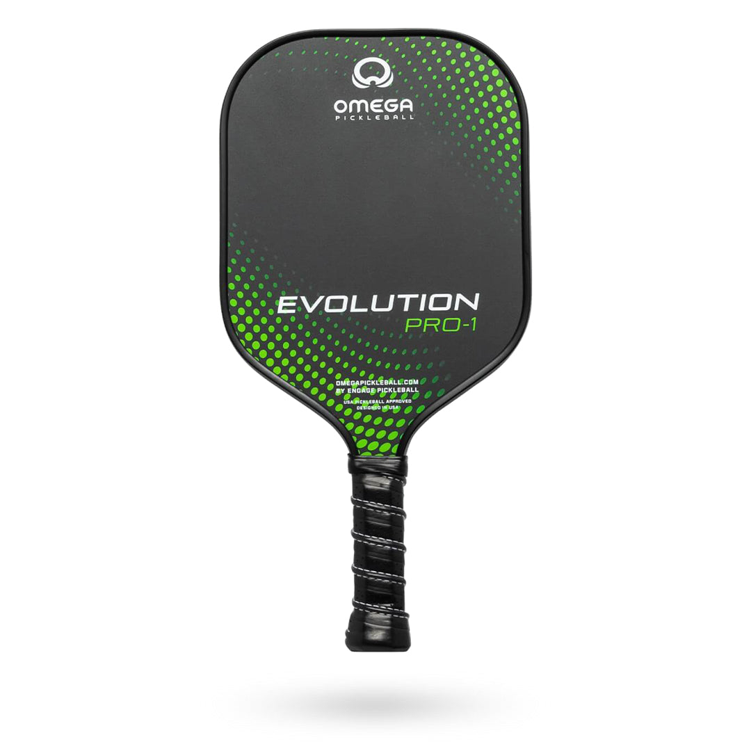 A black Engage Omega Evolution Pro-1 Pickleball Paddle with green dot design and wrapped handle, displayed against a white background.