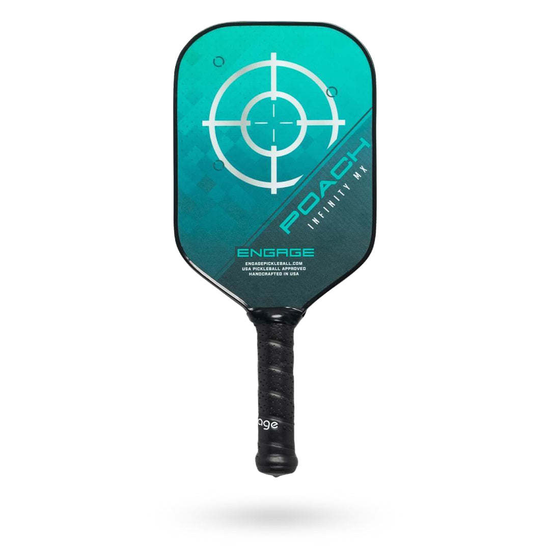 Turquoise Pickleball paddle with a black handle and crosshair graphic, labeled "Engage Poach Infinity MX Pickleball Paddle" and "Engage.