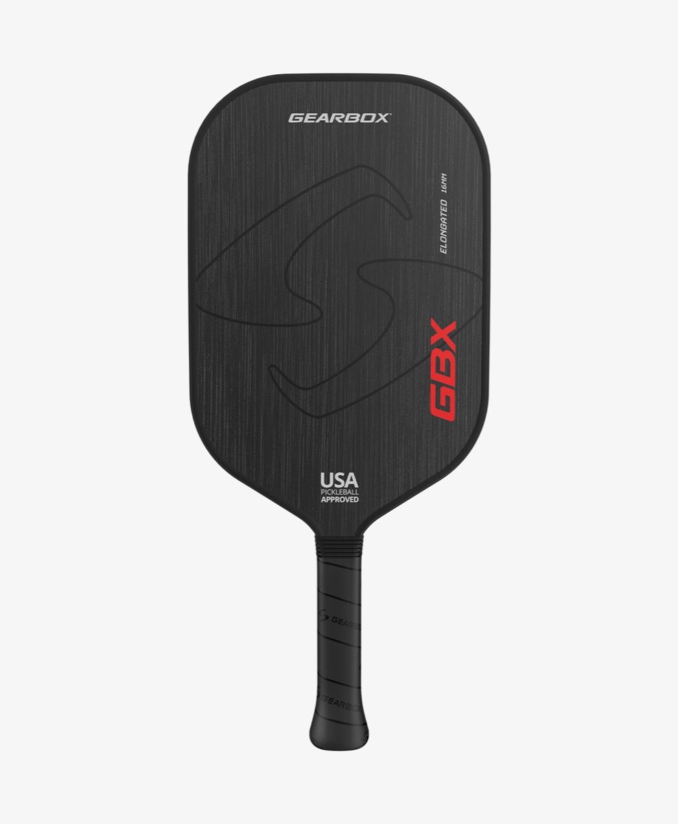 Black and red Pickleballist GBX Elongated 16mm pickleball paddle with a prominent logo, featuring Hyper Spin and Power1 Technology, designed for competitive play, isolated on a white background.