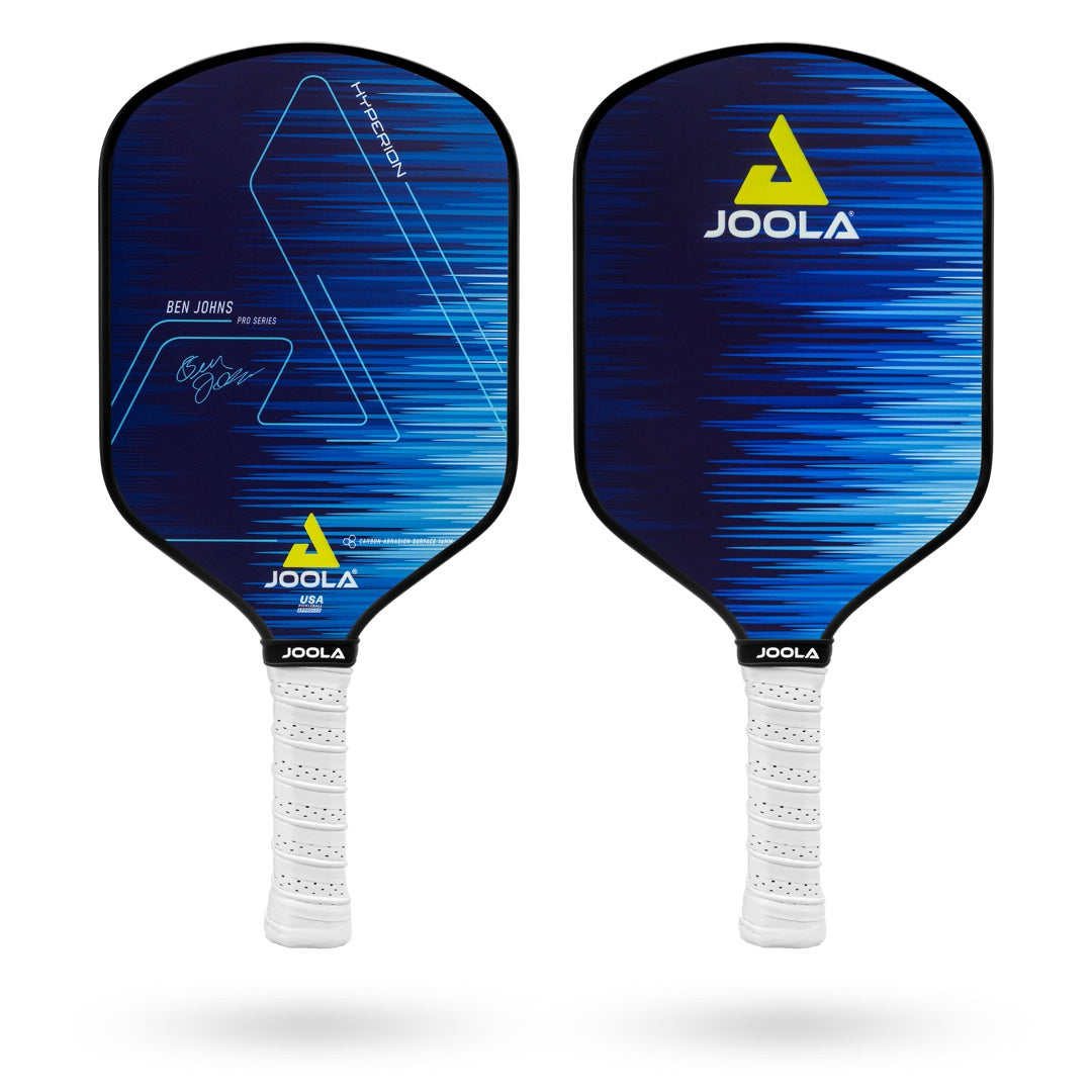 Two Pickleballist JOOLA Ben Johns Hyperion CAS 16 pickleball paddles with a blue design and white grips, featuring edge-shield protection, displayed against a white background.