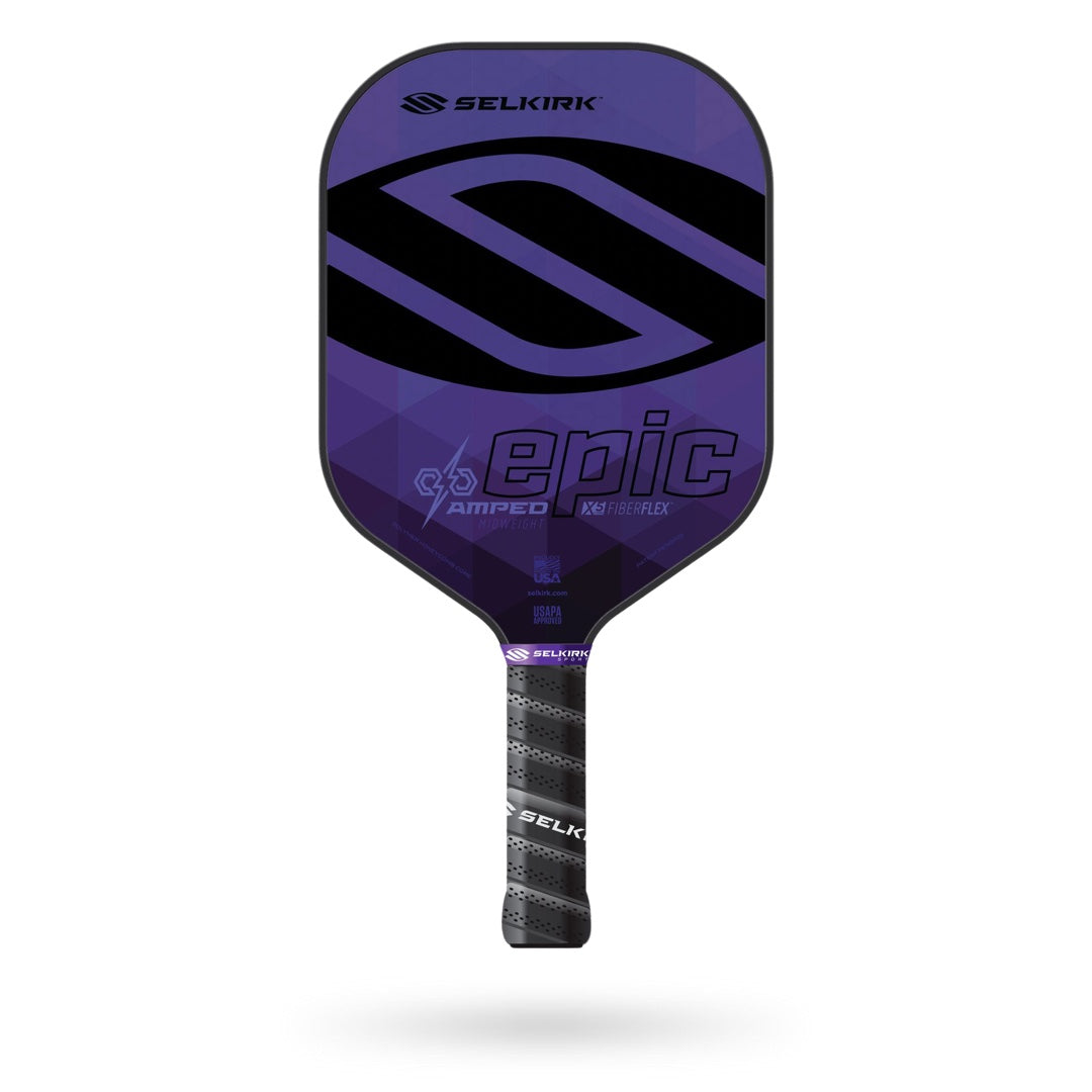 A Pickleballist Selkirk Amped Epic pickleball paddle with a purple and black design, featuring an X5 core and FiberFlex face.