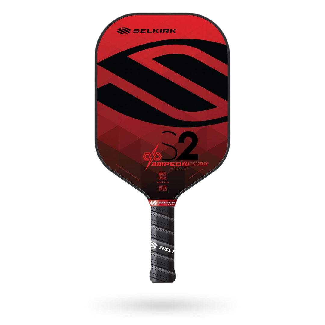 Red and black Pickleballist Selkirk Amped S2 pickleball paddle with a bold stripe design and textured grip.