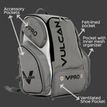 A gray and black Pickleballist Vulcan VPro Pickleball Bag with labeled features including accessory pockets, a felt-lined pocket, an internal mesh organizer, and a ventilated shoe pocket.