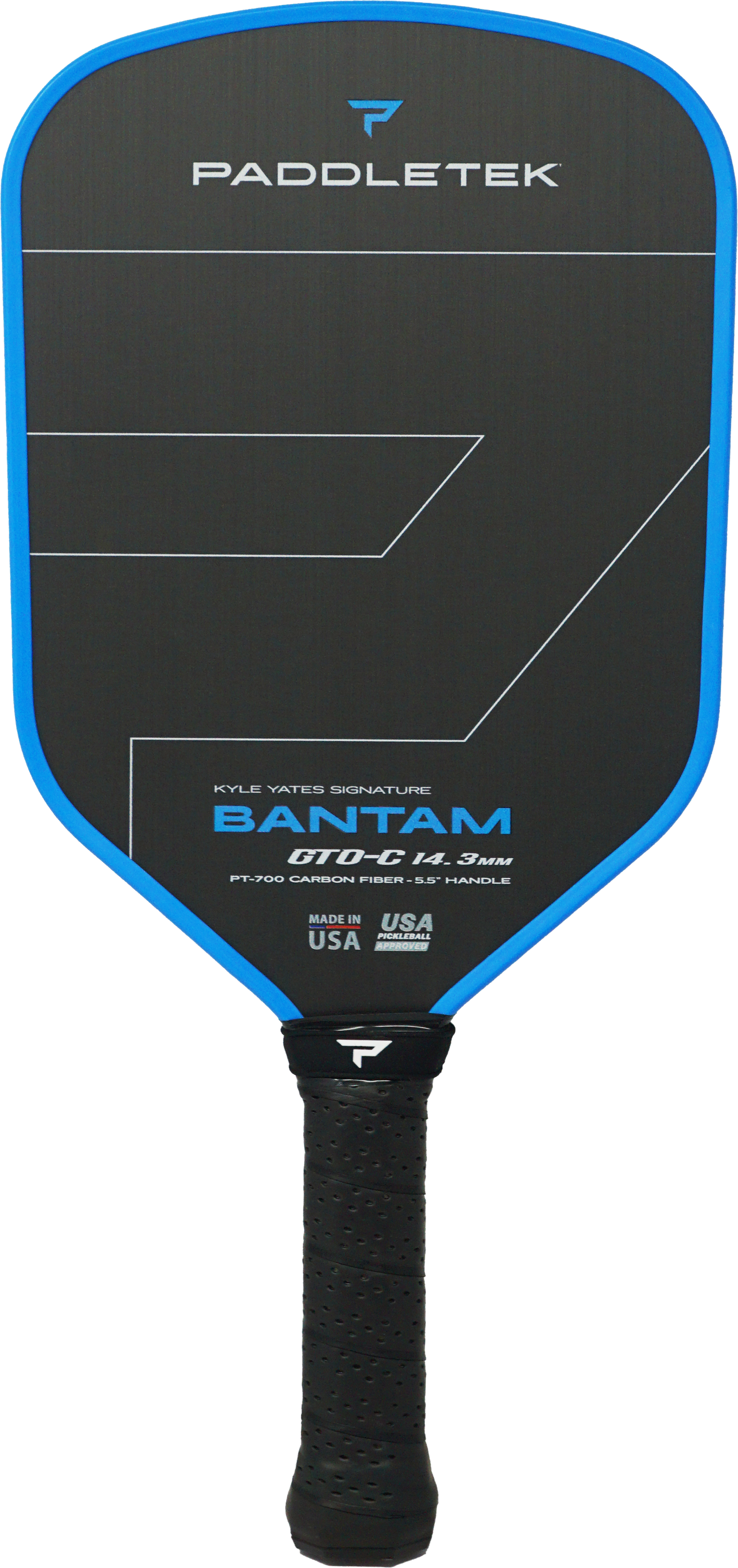 The Paddletek Bantam GTO-C 14.3mm Carbon Fiber Pickleball Paddle combines style and performance with a textured grip and branded face—ideal for players wanting a sleek black and blue paddle from Paddletek.