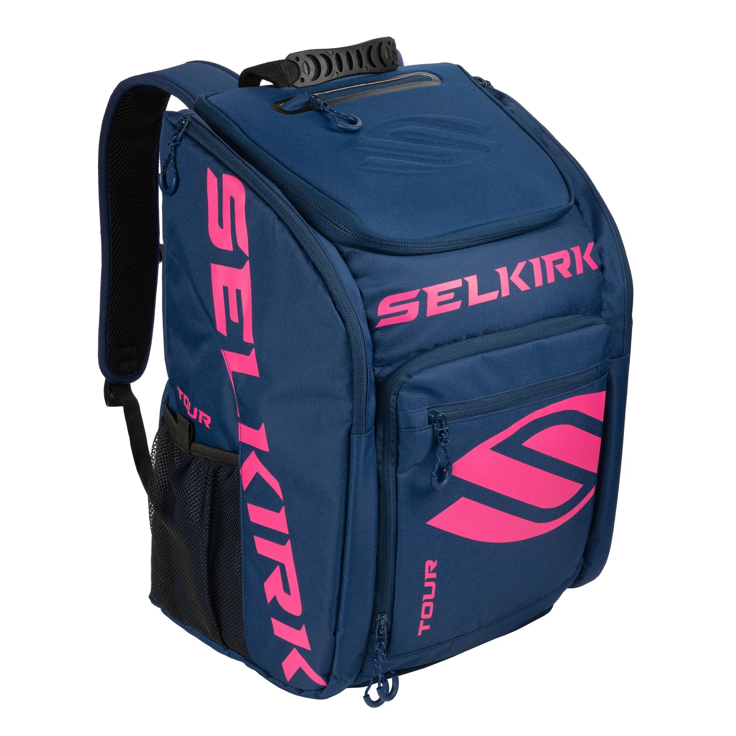 A blue and pink Selkirk Core Series Tour Backpack Pickleball Bag featuring multiple compartments, side mesh pockets, and a top handle.