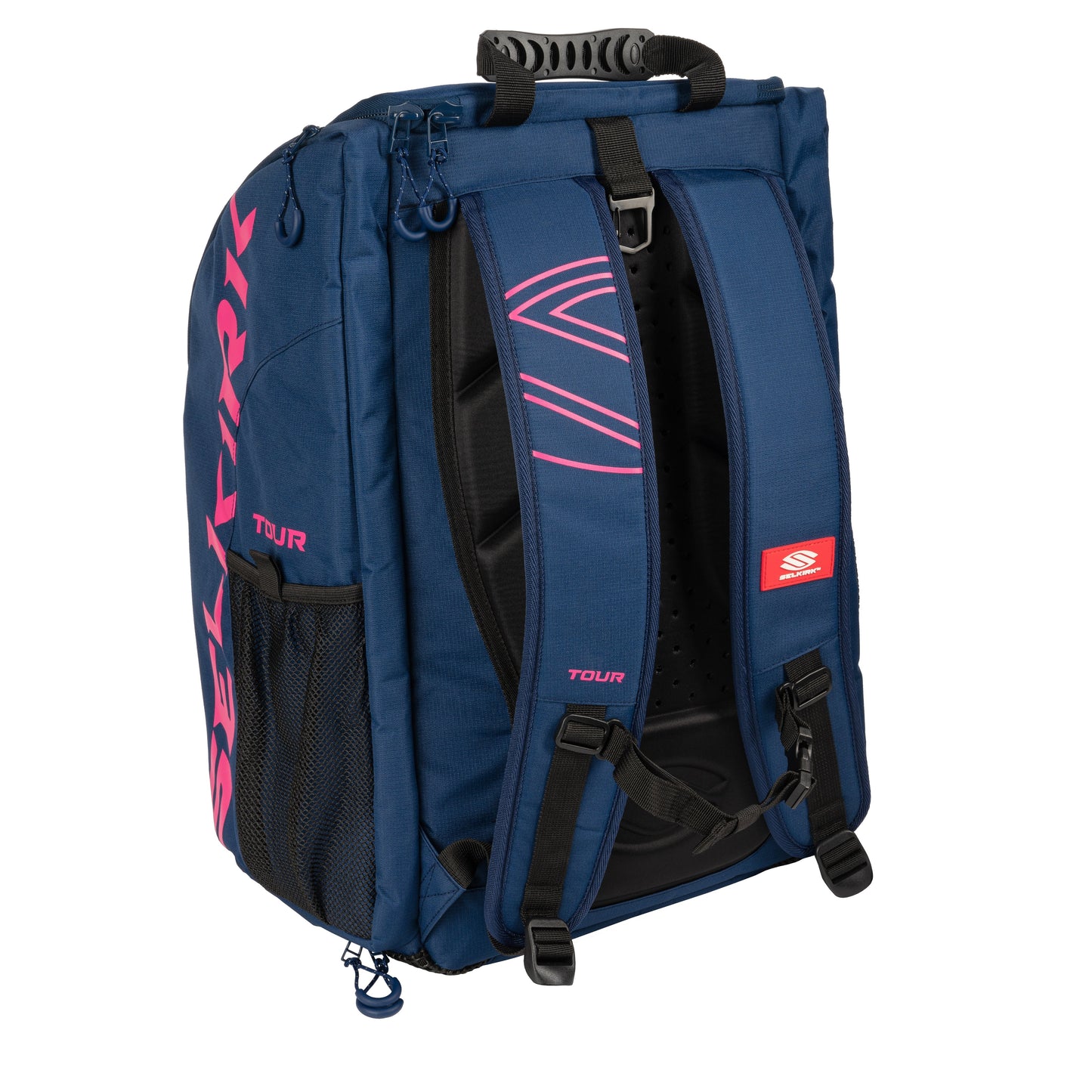 A blue and black sports backpack with pink accents, featuring multiple compartments, mesh side pockets, adjustable padded shoulder straps, and a robust handle on top is the Selkirk Core Series Tour Backpack Pickleball Bag by Selkirk.