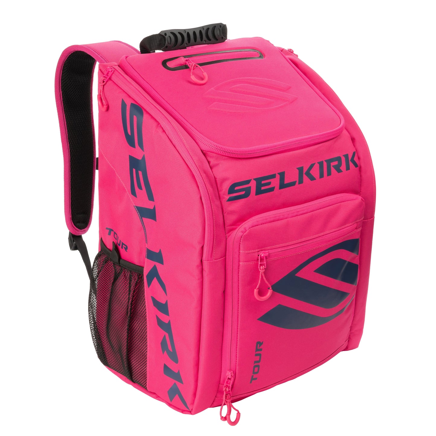Bright pink Selkirk Core Series Tour Backpack Pickleball Bag with multiple compartments, side mesh pocket, and black adjustable shoulder straps.