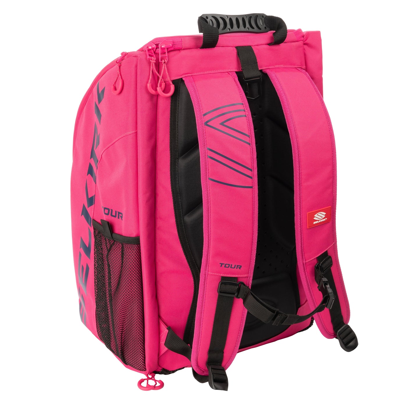Bright pink Selkirk Core Series Tour Backpack Pickleball Bag with black accents, two shoulder straps, "Tour" label, mesh side pocket, and a top handle.