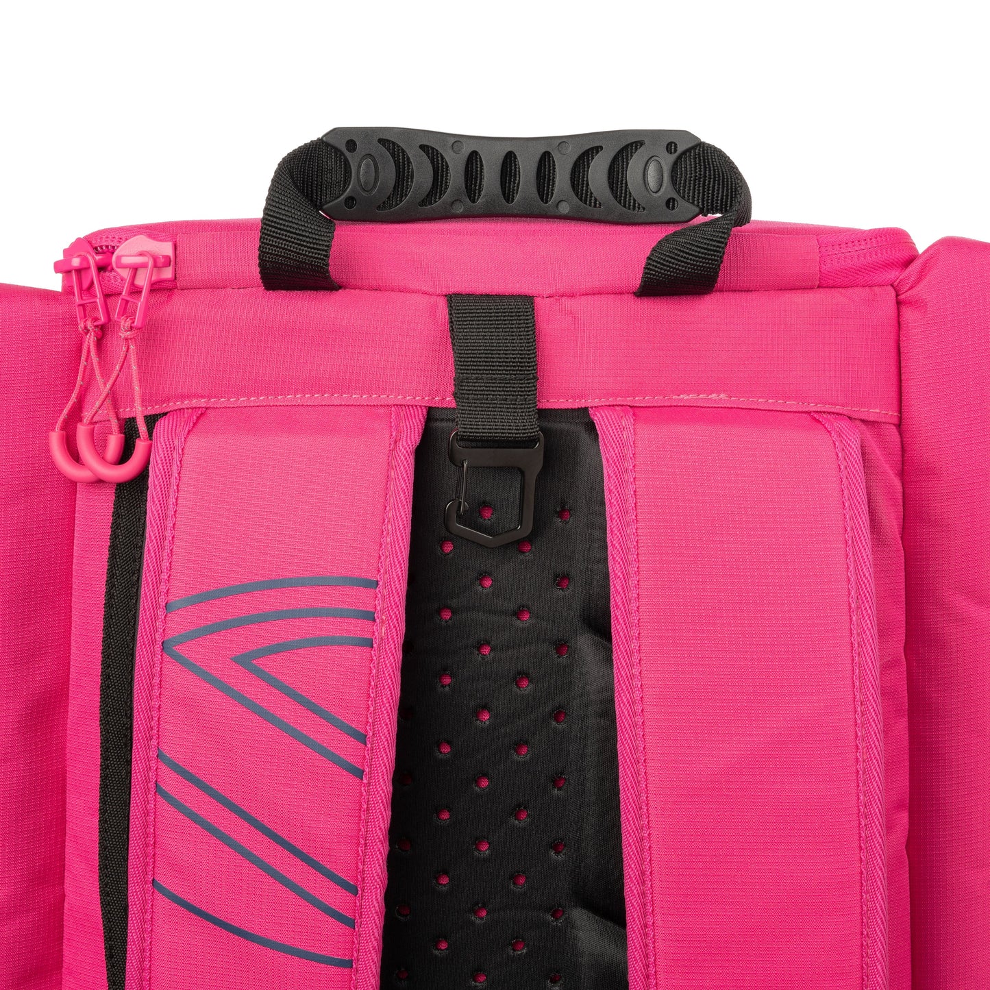 Close-up of a bright pink Selkirk Core Series Tour Backpack Pickleball Bag showing the top handle, black strap with a buckle, zipper, and part of the back panel.