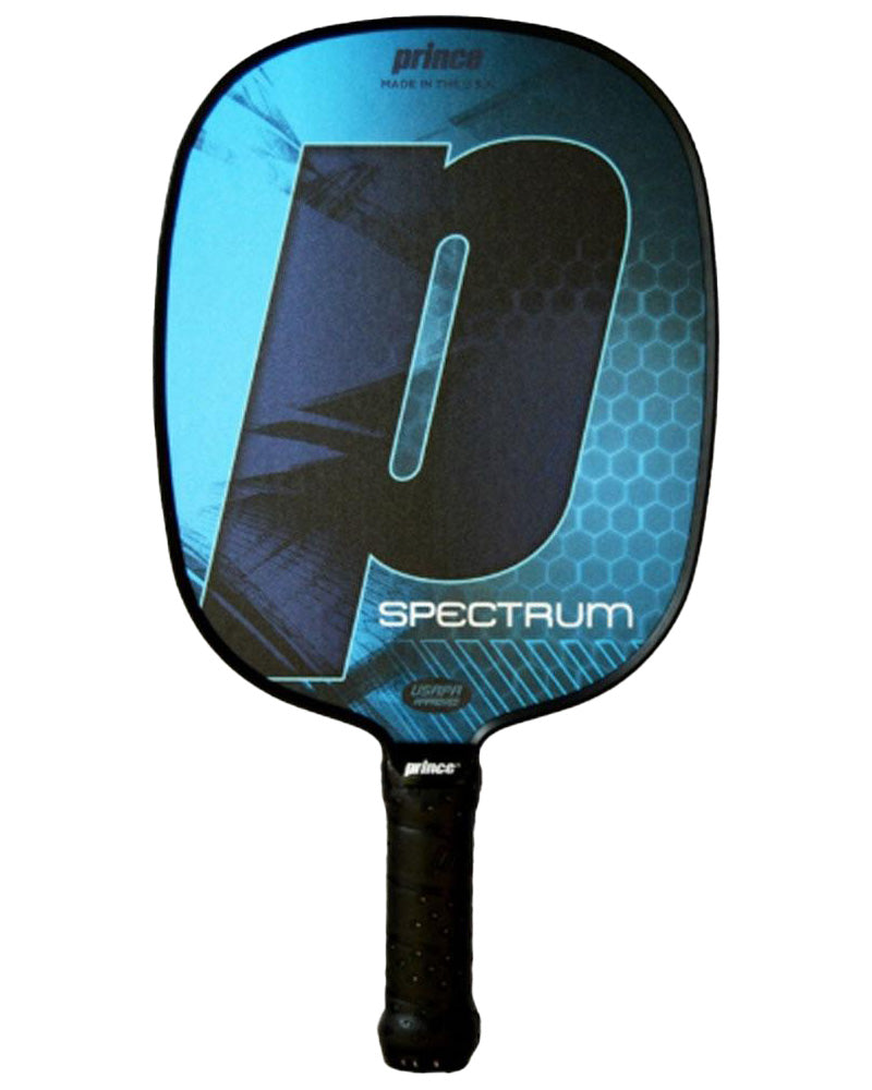 The **Prince Spectrum Pickleball Paddle** features a blue and black design with a large "P" logo and the word "SPECTRUM." It boasts a polymer core and a large playing surface, while the handle is black with a textured grip.