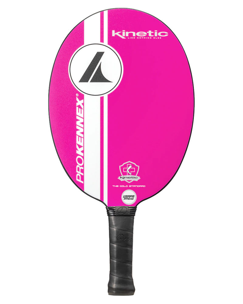 Pink Pickleballist ProKennex Kinetic Ovation Speed pickleball paddle featuring Opti-Cell Core construction, with a black grip and brand logos displayed on the surface.