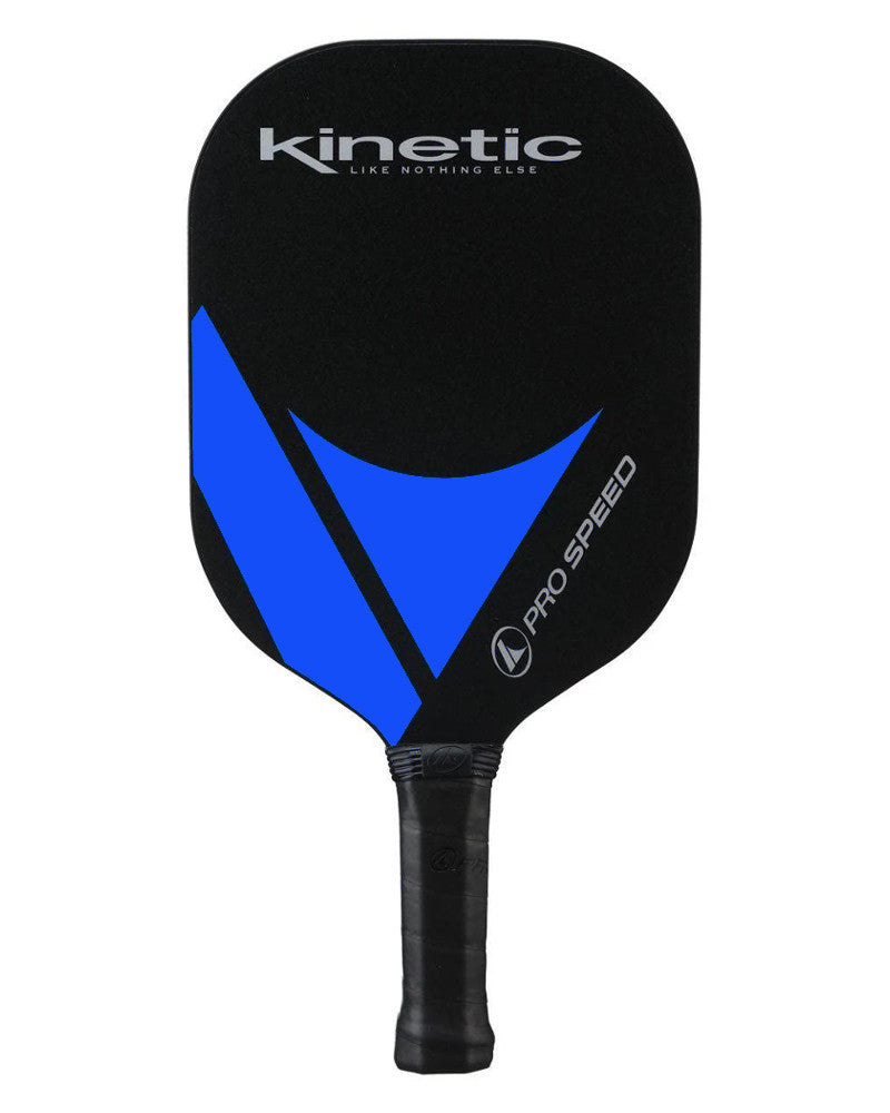 The ProKennex Kinetic Pro Speed Pickleball Paddle features a sleek black design with a blue V-shaped pattern and the brand names "Kinetic" and "Pro Speed." It boasts wind resistant edgeless construction and a textured black handle, making it perfect for competitive play.