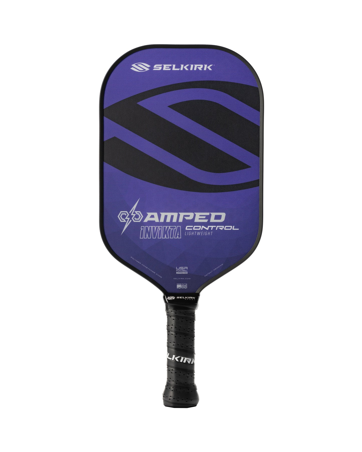 A Selkirk AMPED Control Invikta 16mm Pickleball Paddle featuring a blue face and black handle.