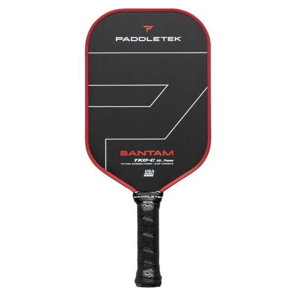 Image of a Paddletek Bantam TKO-C 12.7mm Carbon Fiber Pickleball Paddle with a black face, red edges, and a black handle.