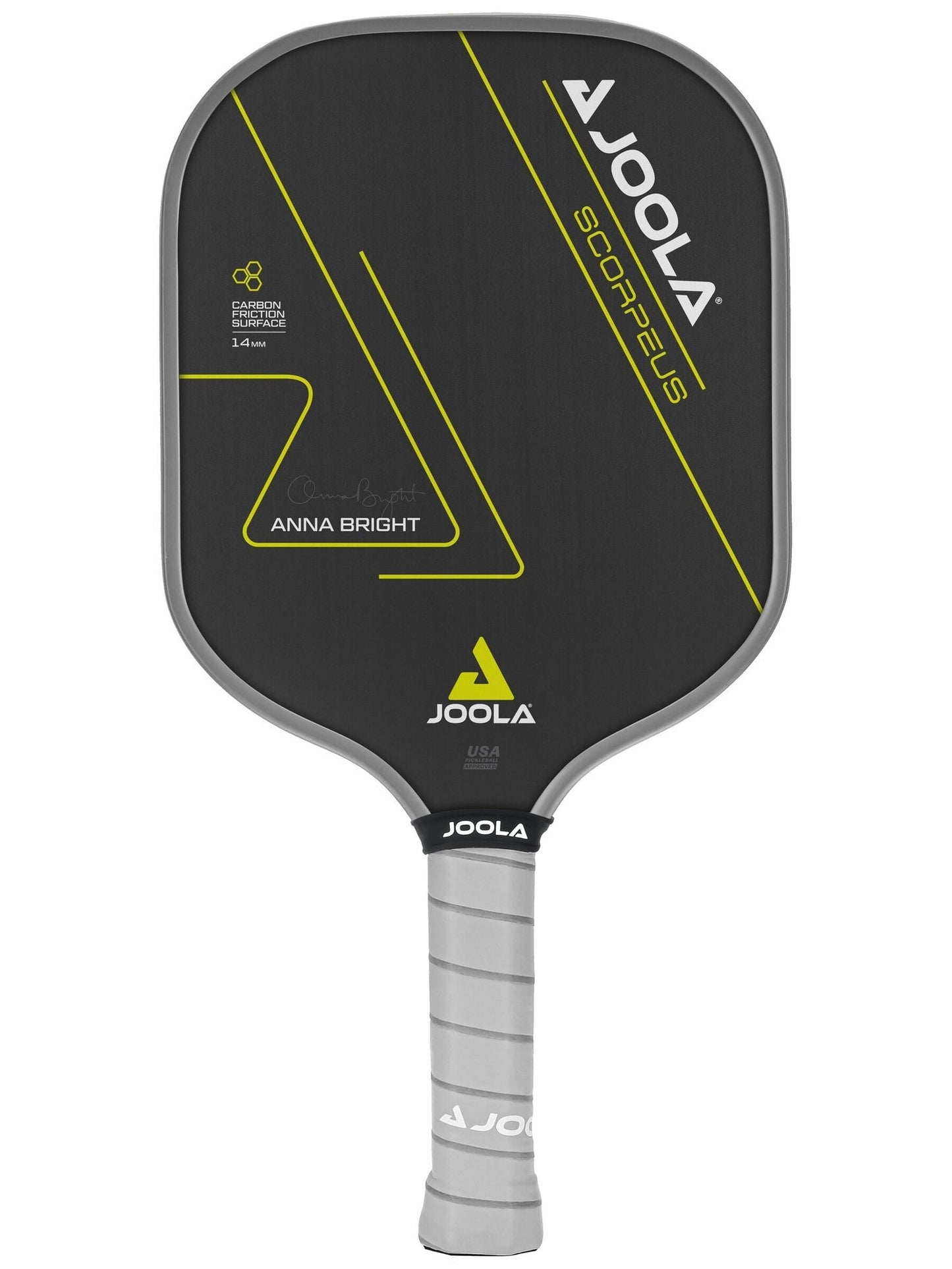 A black JOOLA Anna Bright Scorpeus CFS 14mm Pickleball Paddle labeled Scorpeus with a light gray handle. The paddle features neon yellow accents and the name "Anna Bright.