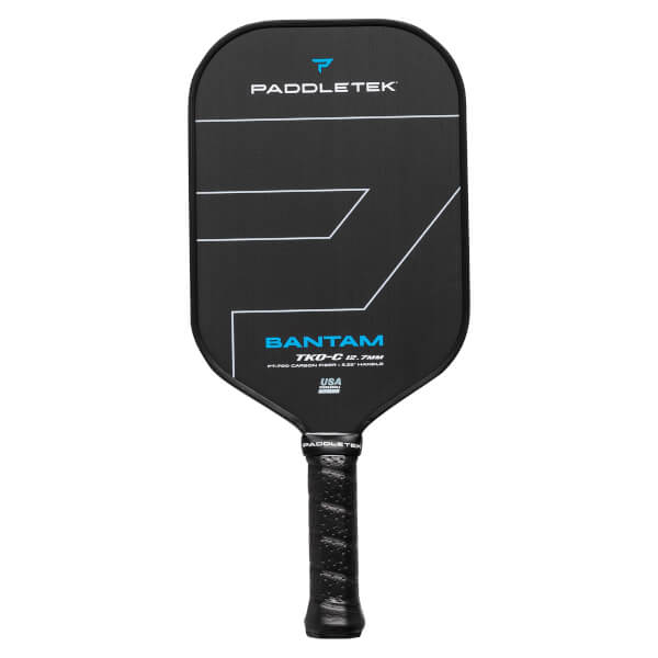 A black Paddletek Bantam TKO-C 12.7mm Carbon Fiber Pickleball Paddle with a textured grip and minimalist design featuring white text and lines.