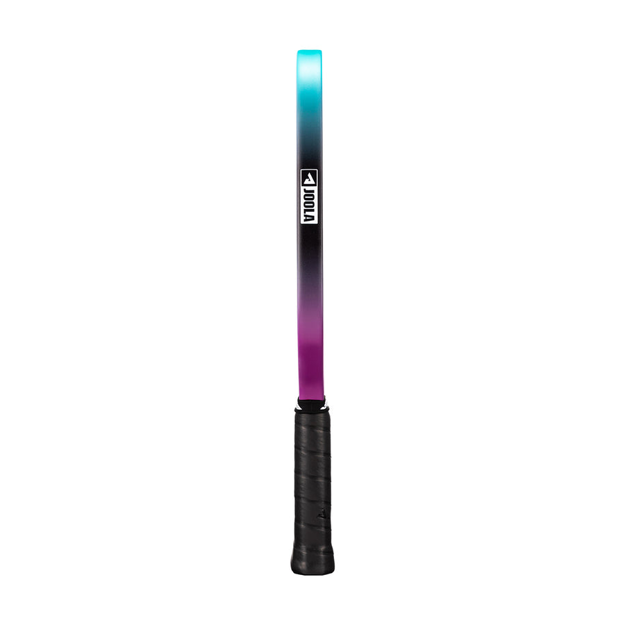 The JOOLA Perseus 3S Dual 16mm Pickleball Paddle by JOOLA is shown vertically from the side, featuring a gradient design that transitions from teal to black to purple with a carbon fiber black grip handle.