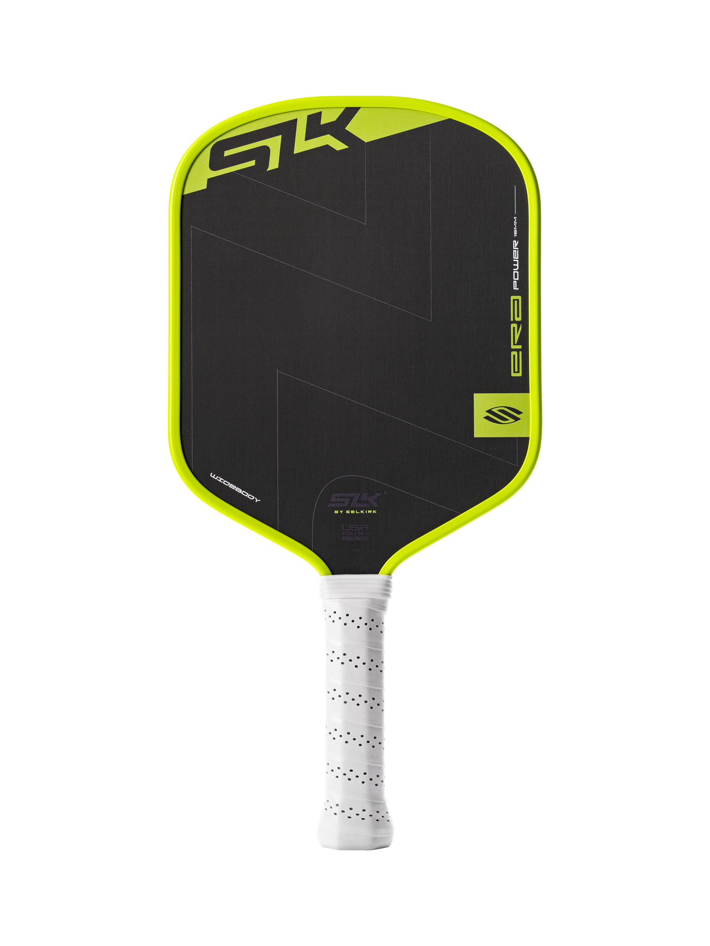 The Selkirk SLK ERA Power Widebody Carbon Fiber Pickleball Paddle, in black and yellow with a white perforated handle, features STK branding and raw spin technology for superior control.