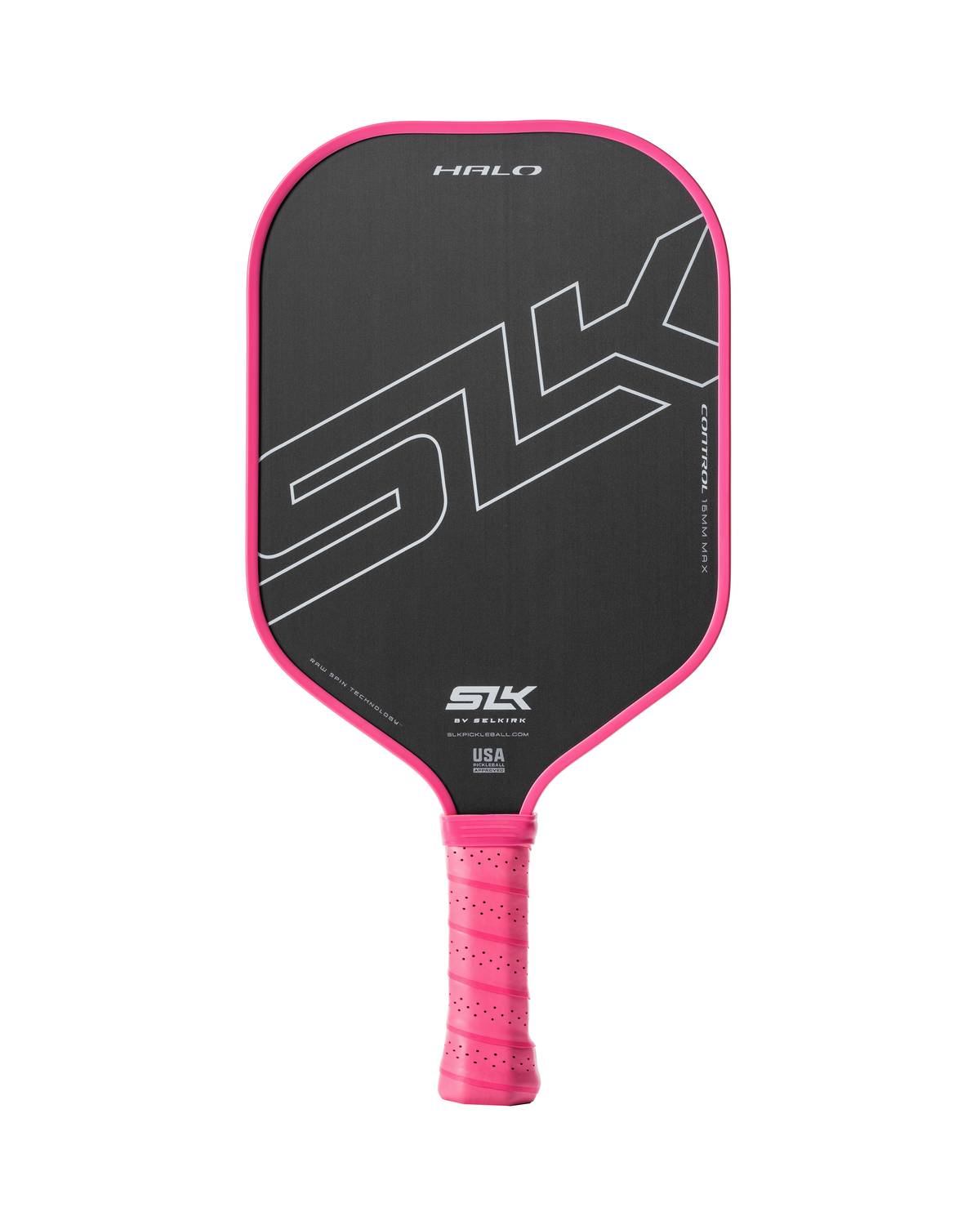 A pink and black Pickleballist SLK Halo Max pickleball paddle, offering various color options, displaying a large Pickleballist logo on the paddle face, isolated on a white background.