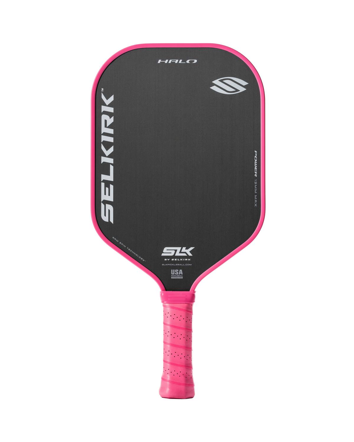 A Pickleballist Selkirk SLK Halo Max Pickleball Paddle with a black and pink design and product color selection for the grip, isolated on a white background.